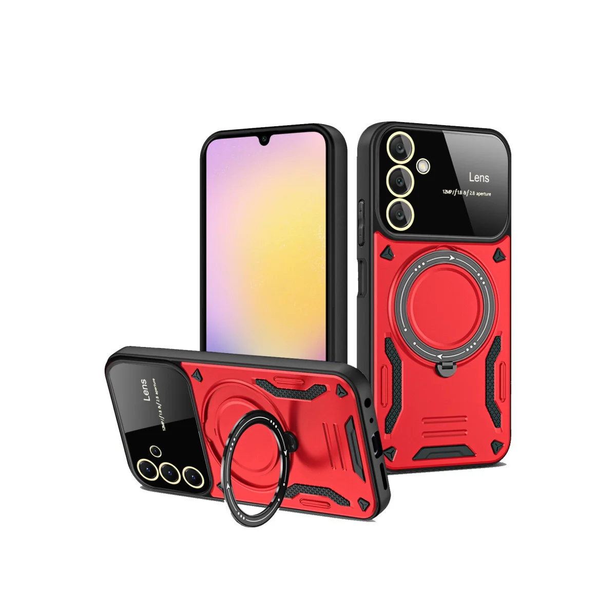 Galaxy S25 Joy Lens Standlı Kılıf Kırmızı - 360° Döner Parmak Halkası ve Askeri Darbe Koruması