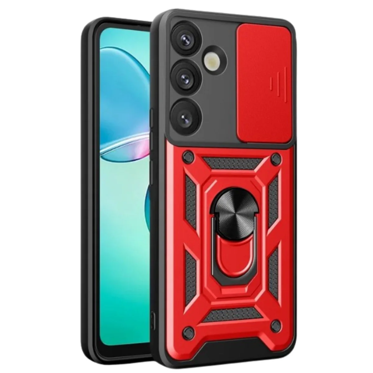 Galaxy S25 Kılıf Kırmızı Silikon Lens Korumalı Metal Stand