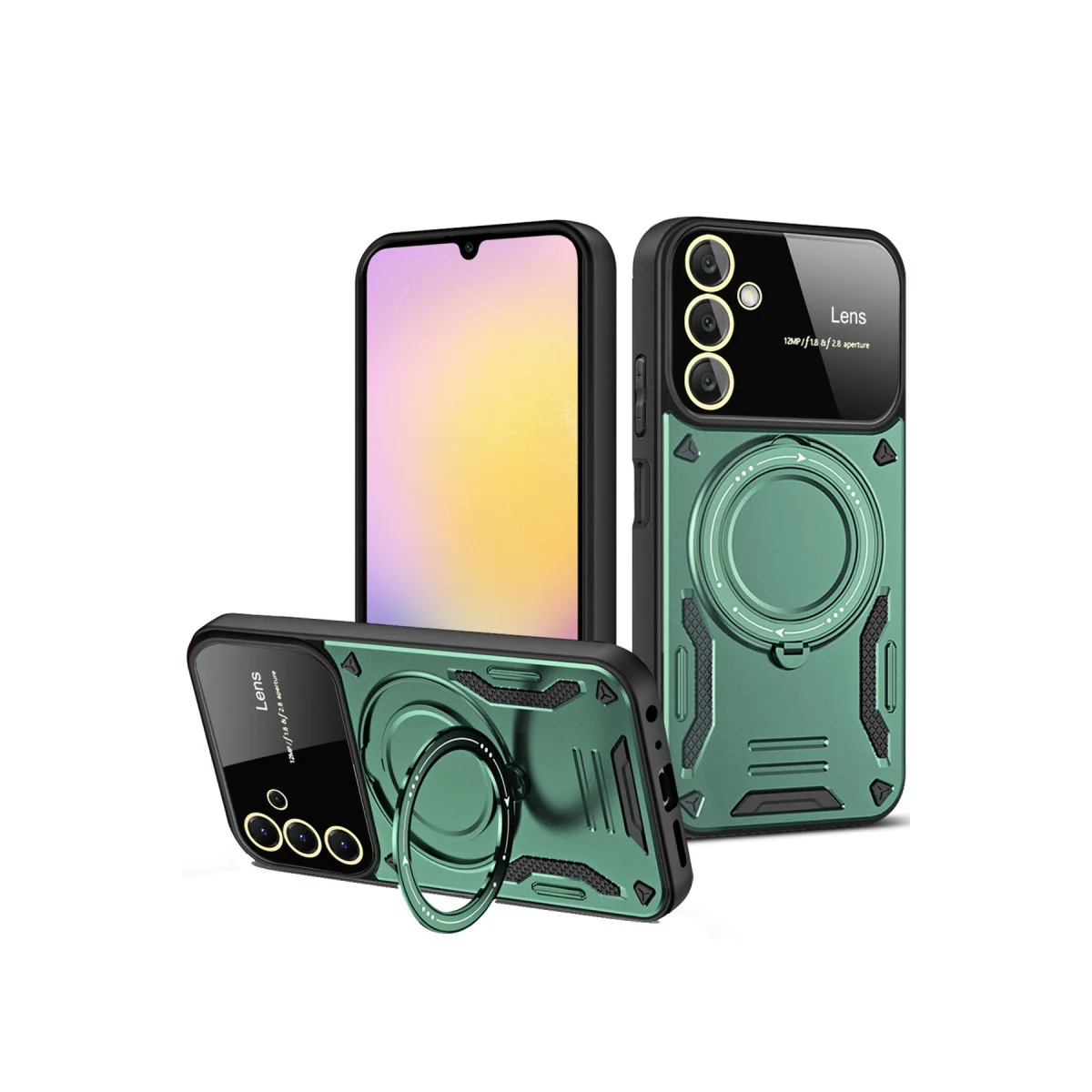 Galaxy S25 Plus Joy Lens Standlı Kılıf - Koyu Yeşil (Askeri Düzeyde Koruma ve 360° Döner Stand)