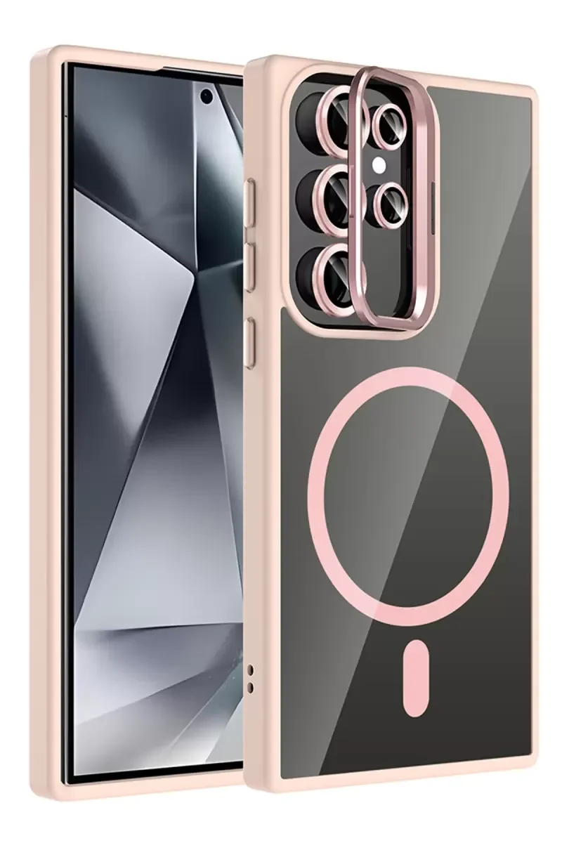 Galaxy S25 Ultra ile Uyumlu Remim Lensli MagSafe Standlı Şeffaf Kılıf - Pembe