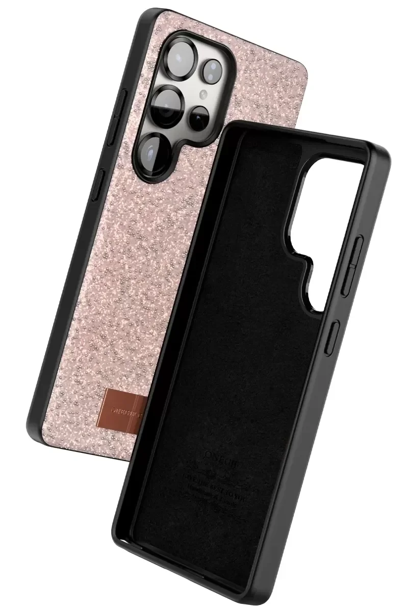 Galaxy S25 Ultra ile Uyumlu Bright Simli Kapak - Pembe, Zarif Boncuk İşlemeli Şık Telefon Kılıfı