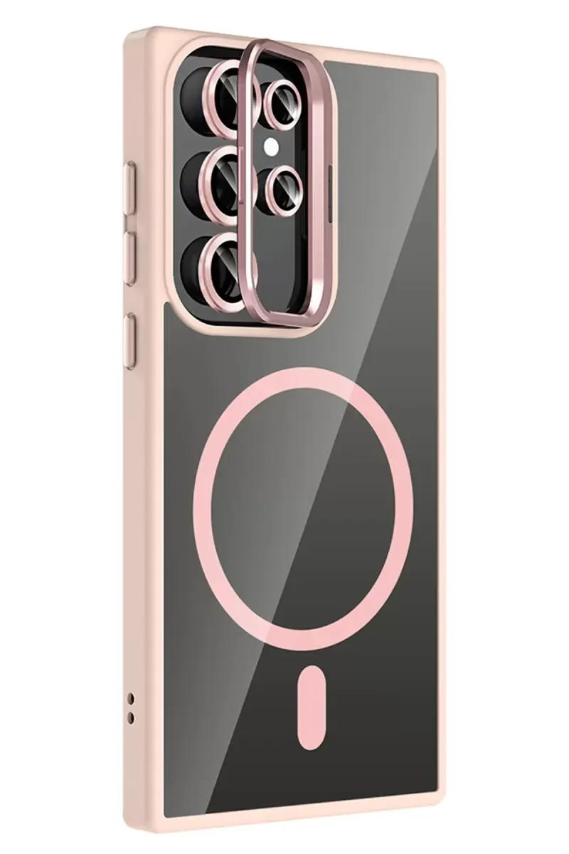 Galaxy S25 Ultra ile Uyumlu Remim Lensli MagSafe Standlı Şeffaf Kılıf - Pembe