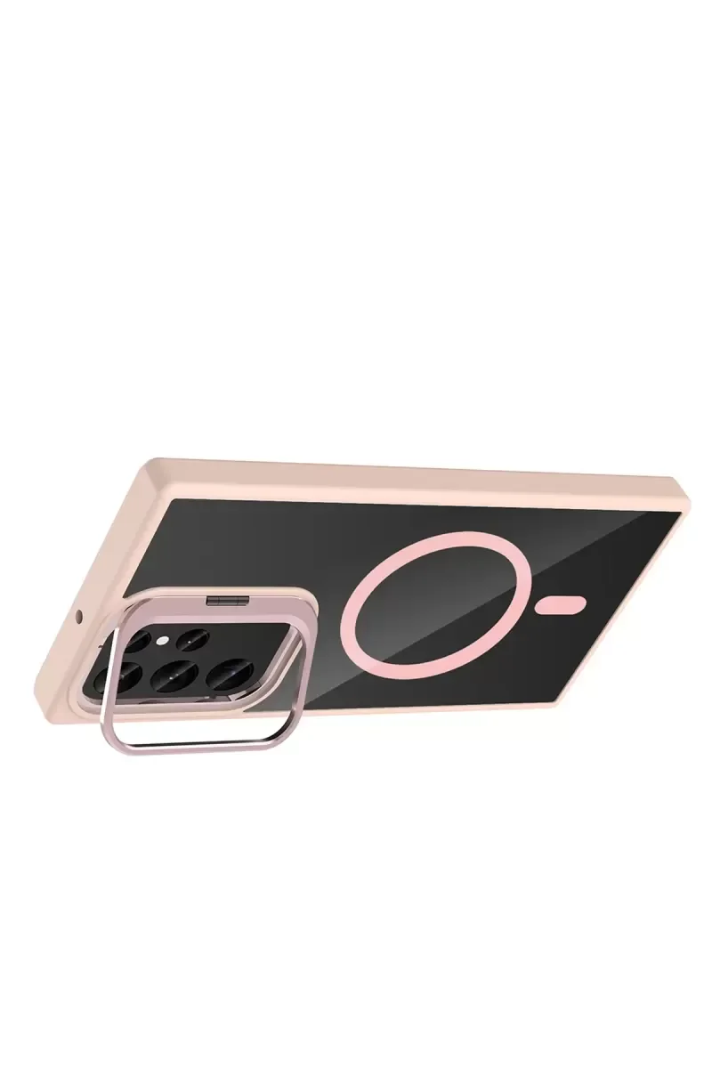 Galaxy S25 Ultra ile Uyumlu Remim Lensli MagSafe Standlı Şeffaf Kılıf - Pembe