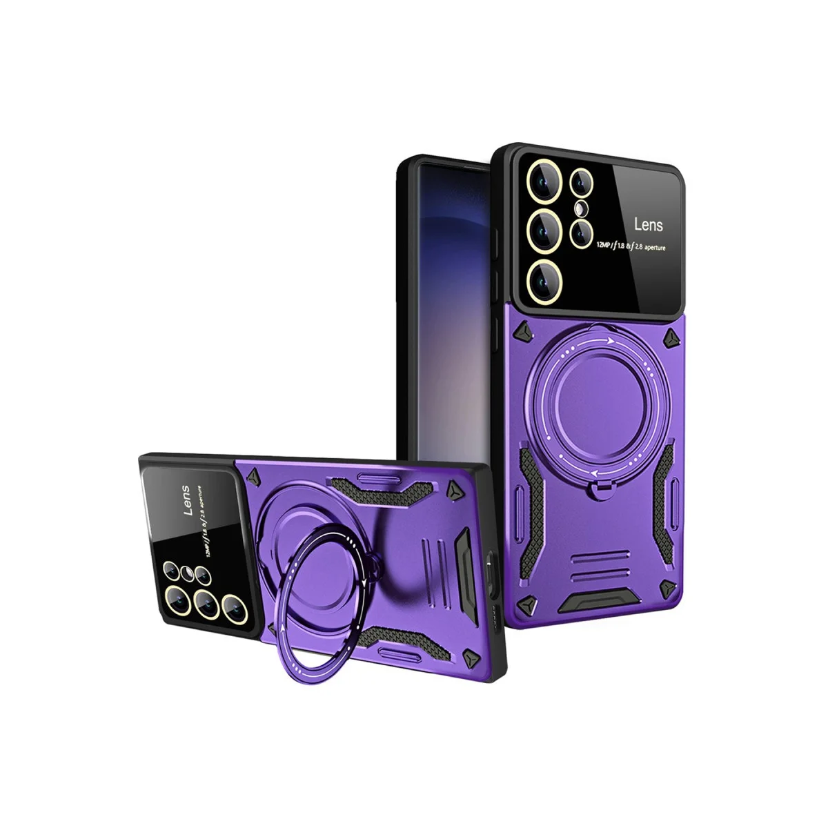 Galaxy S25 Ultra Joy Lens Standlı Kılıf - Mor - 360° Döner Stand & Askeri Koruma