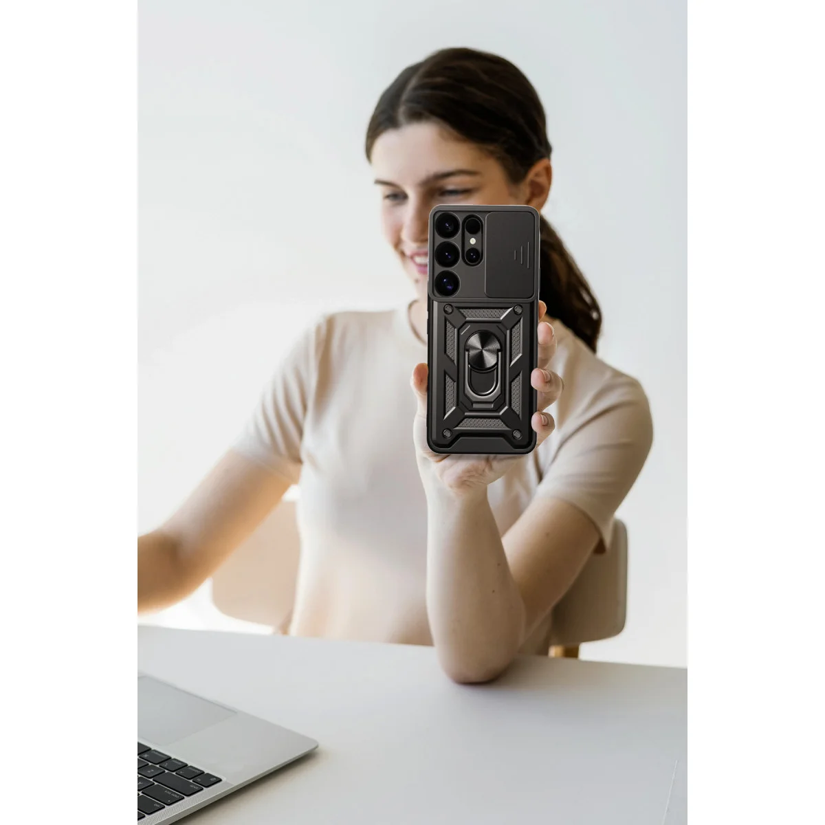 Galaxy S25 Ultra Kılıf: Pars Lens Yüzüklü Silikon Yeşil, Sertleştirilmiş Korumalı Stand ve Sürgülü Kamera Kapağı