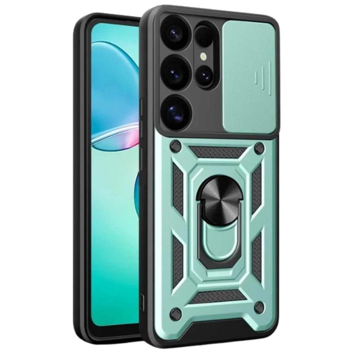 Galaxy S25 Ultra Kılıf: Pars Lens Yüzüklü Silikon Yeşil, Sertleştirilmiş Korumalı Stand ve Sürgülü Kamera Kapağı