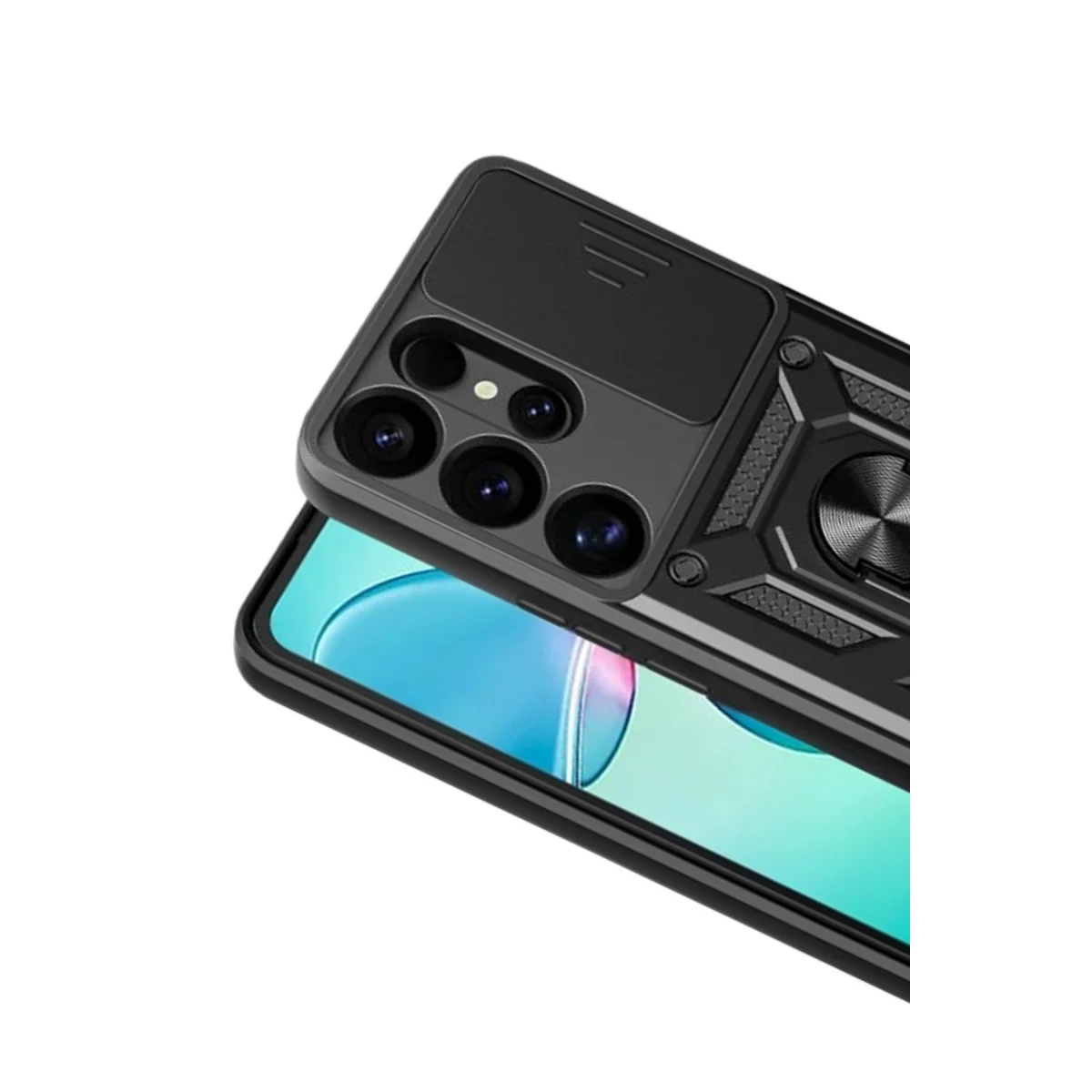 Galaxy S26 Ultra Pars Lens Kılıf - Yüzüklü Silikon ve Metal Stand - Siyah