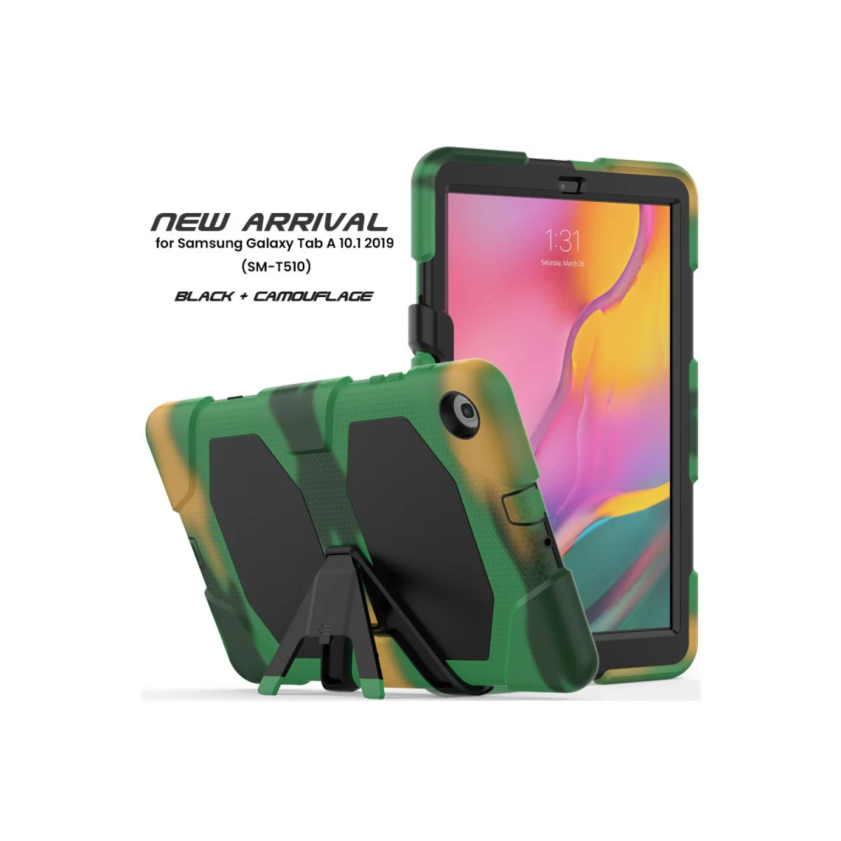 Galaxy Tab A 10.1 (T510) Kılıf - 360° Koruma, Standlı & Kalem Bölmeli Kamuflaj Tablet Kılıfı