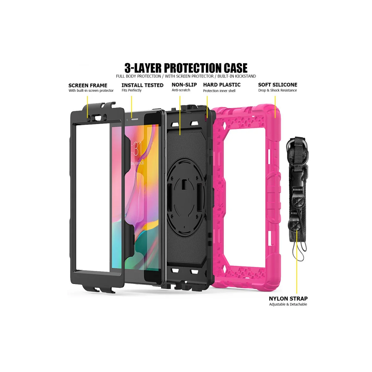 Galaxy Tab A 8 Kılıf Pars Pembe - 360 Derece Döner Standlı Koruyucu