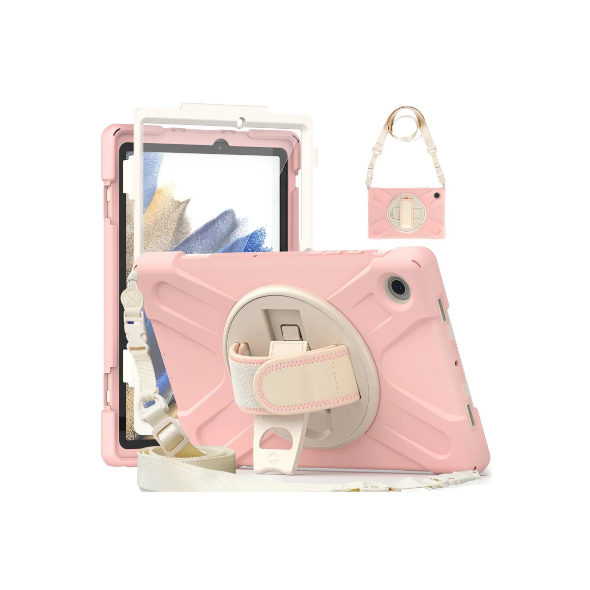 Galaxy Tab A8 10.5 Kılıf - 360° Dönen Stand, Omuz Askılı Pembe Tablet Kılıfı