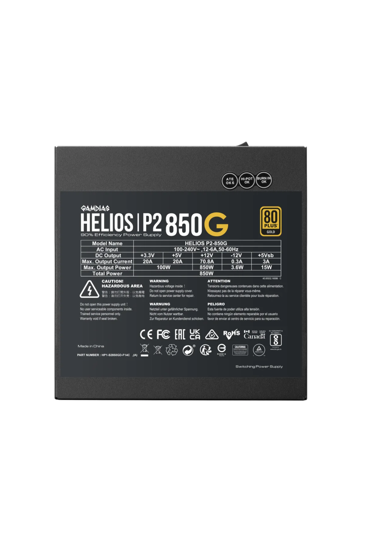 GAMDIAS HELIOS P2-850G, 850W, 80+ Gold, Full Modüler, Aktif PFC, GAMING, ATX, Power Supply (PSU)