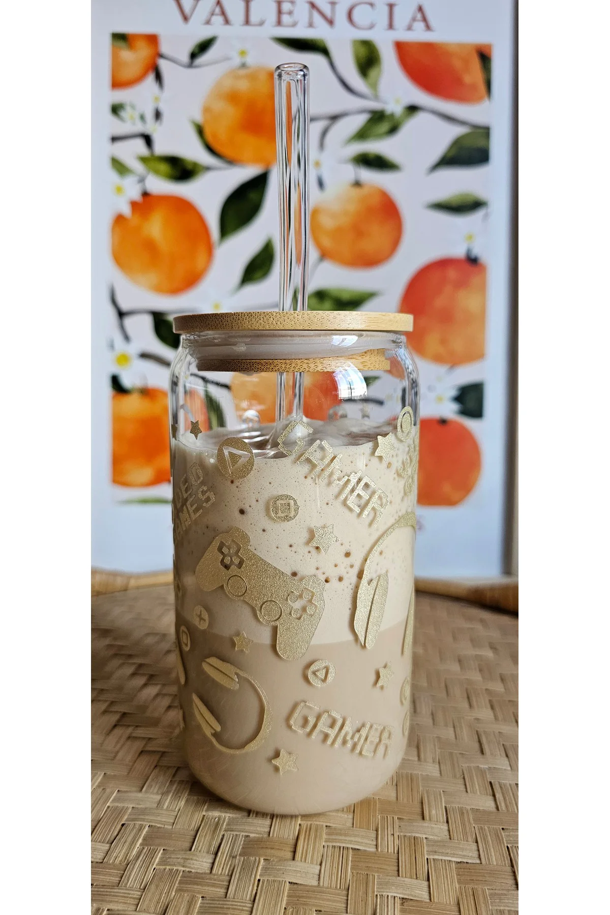 Gamer Temalı Cam Pipetli Bambu Kapaklı 475 ml Bardak