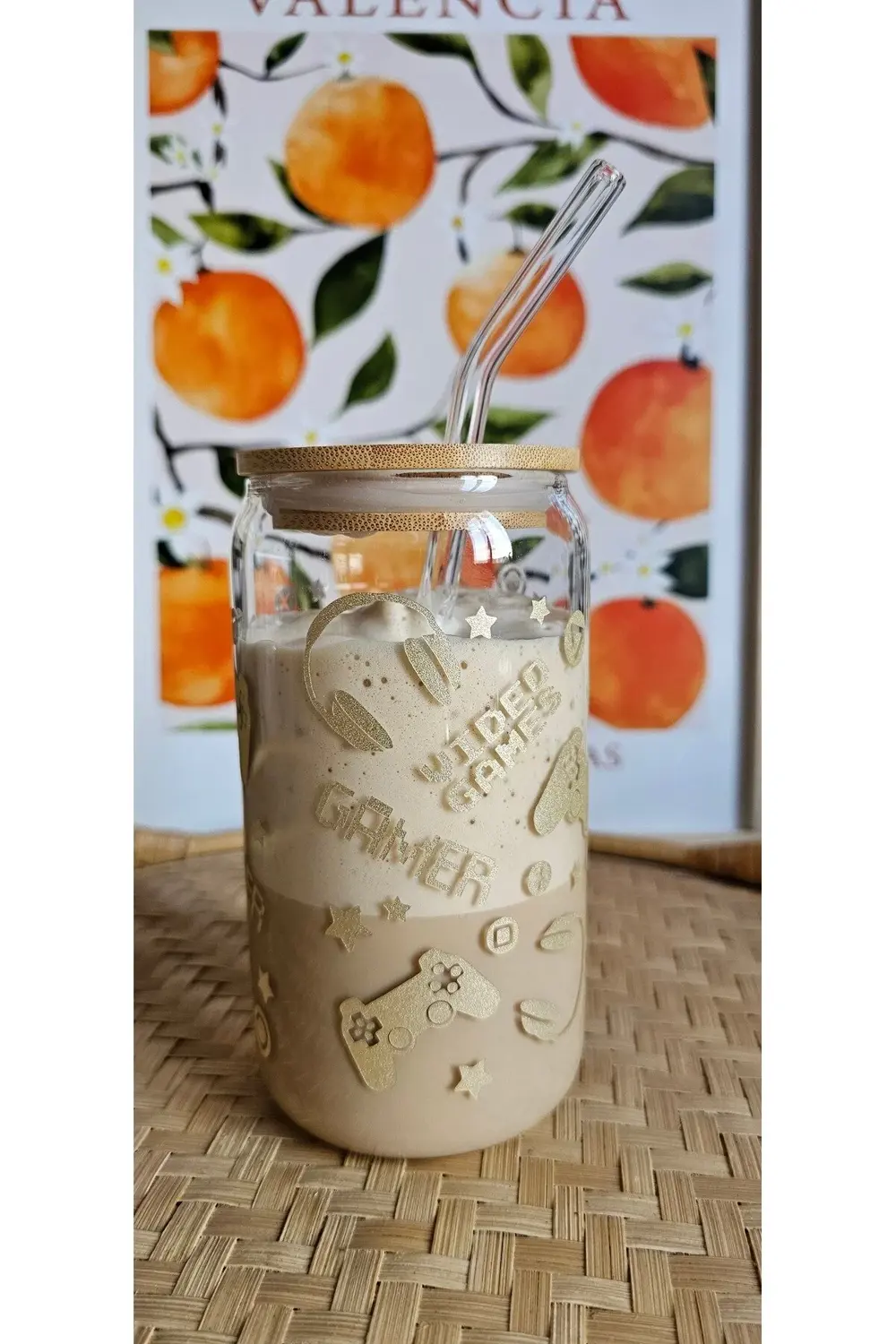 Gamer Temalı Cam Pipetli Bambu Kapaklı 475 ml Bardak