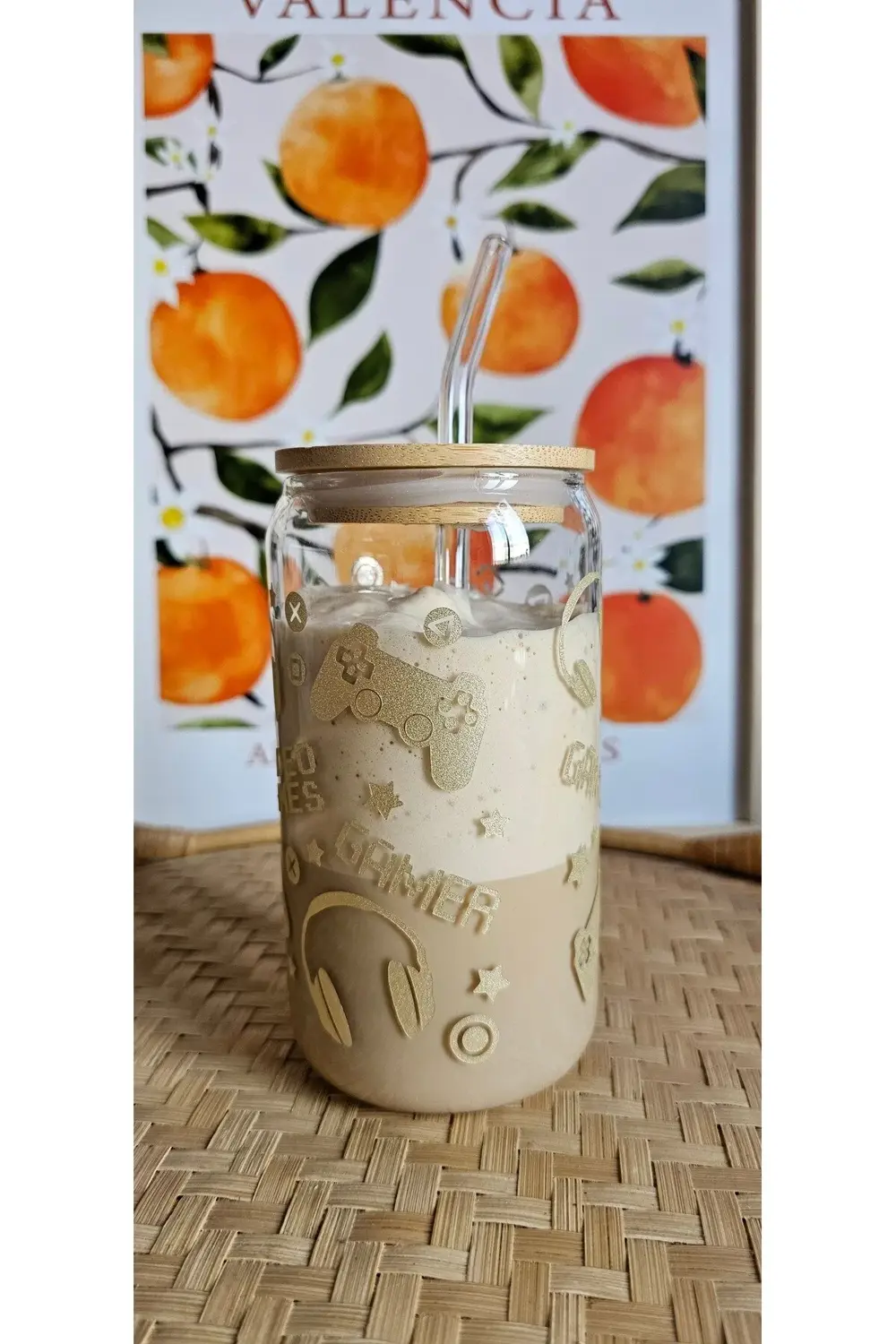 Gamer Temalı Cam Pipetli Bambu Kapaklı 475 ml Bardak