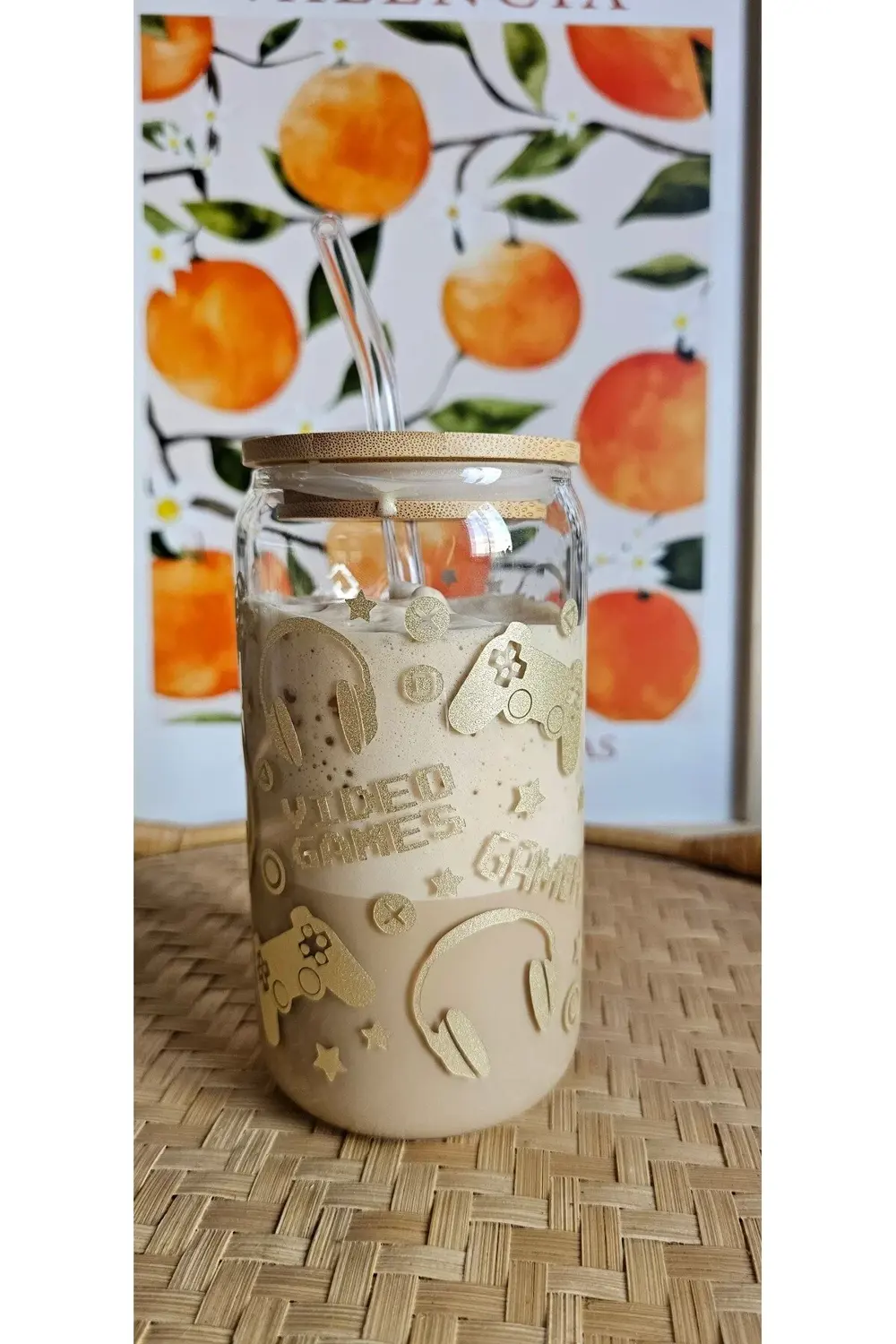 Gamer Temalı Cam Pipetli Bambu Kapaklı 475 ml Bardak