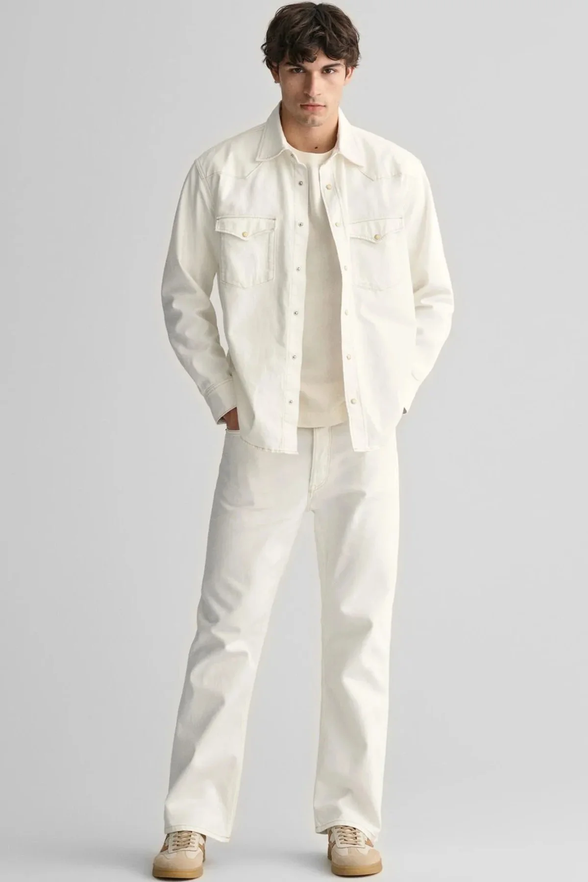 GANT Mens Relaxed Fit Rel Denim Rodeo Shirt Erkek Kanvas Klasik Yaka Çıt Çıtlı Rahat Kesim Gömlek Krem
