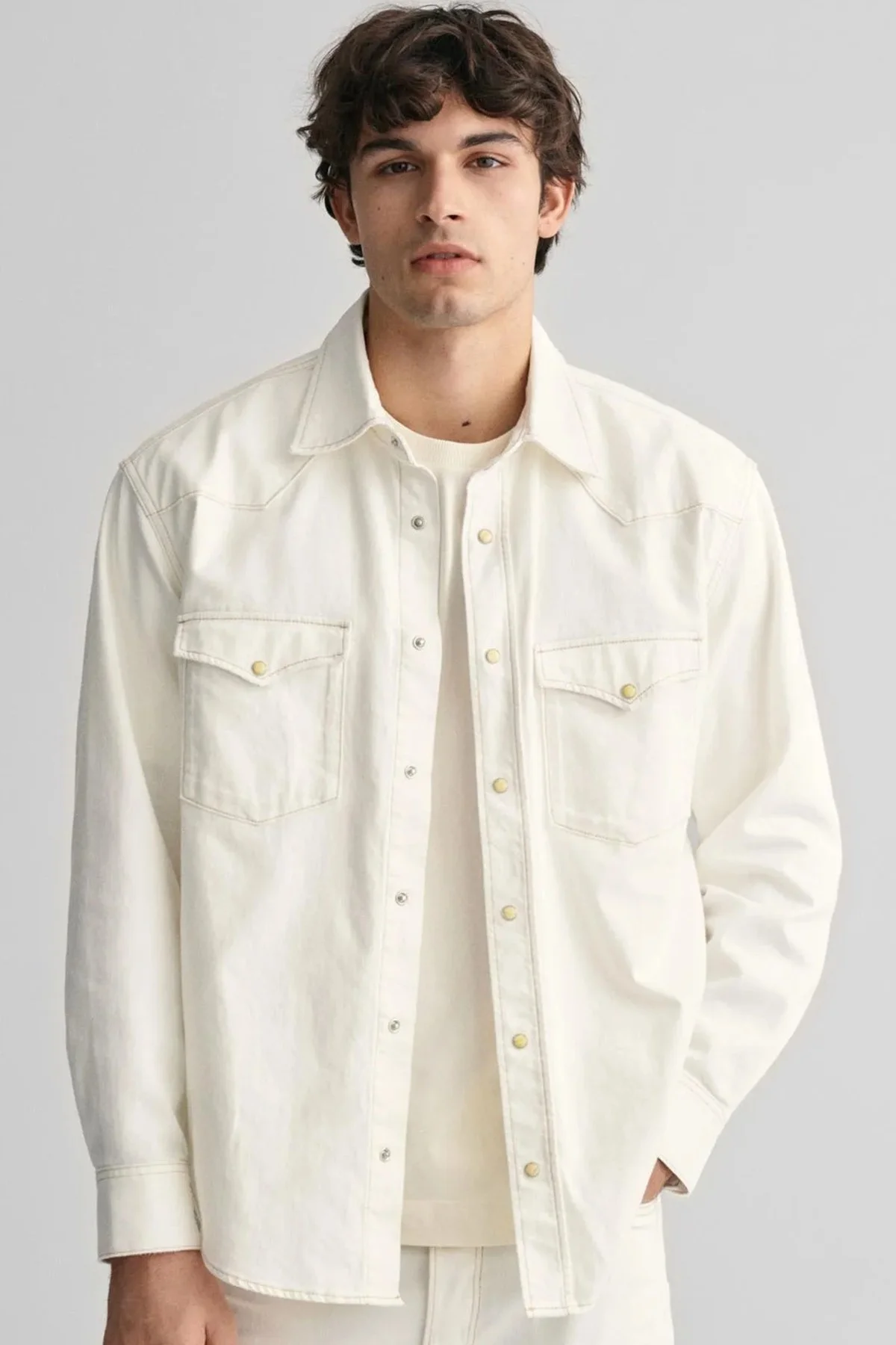 GANT Mens Relaxed Fit Rel Denim Rodeo Shirt Erkek Kanvas Klasik Yaka Çıt Çıtlı Rahat Kesim Gömlek Krem