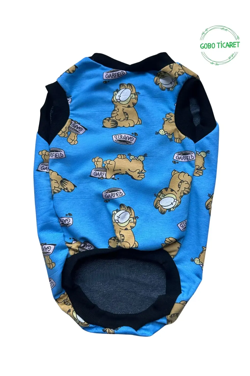 Garfield Desenli Mavi Kedi Köpek Kıyafeti Elbisesi Siyah Kollu