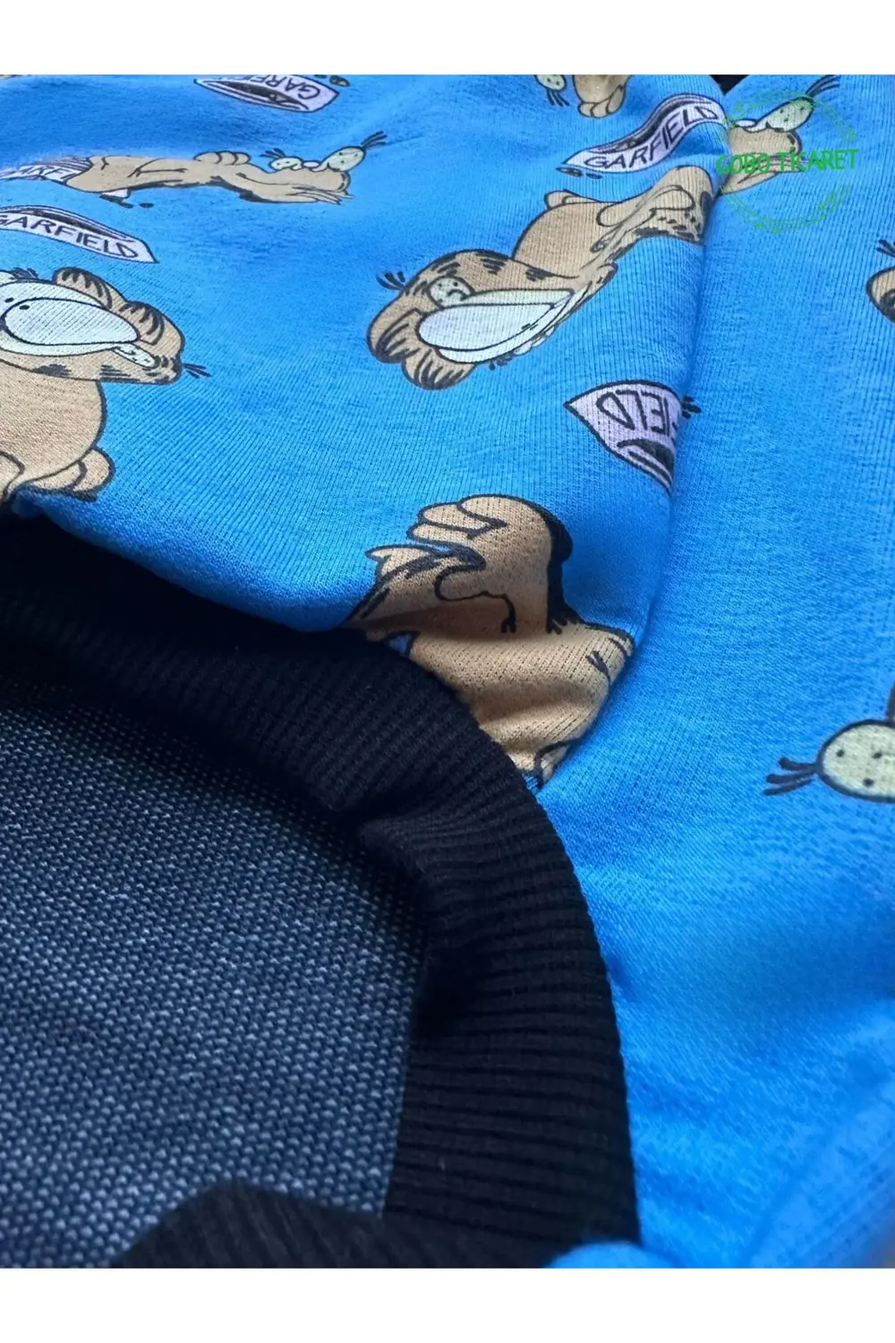 Garfield Desenli Mavi Kedi Köpek Kıyafeti Elbisesi Siyah Kollu
