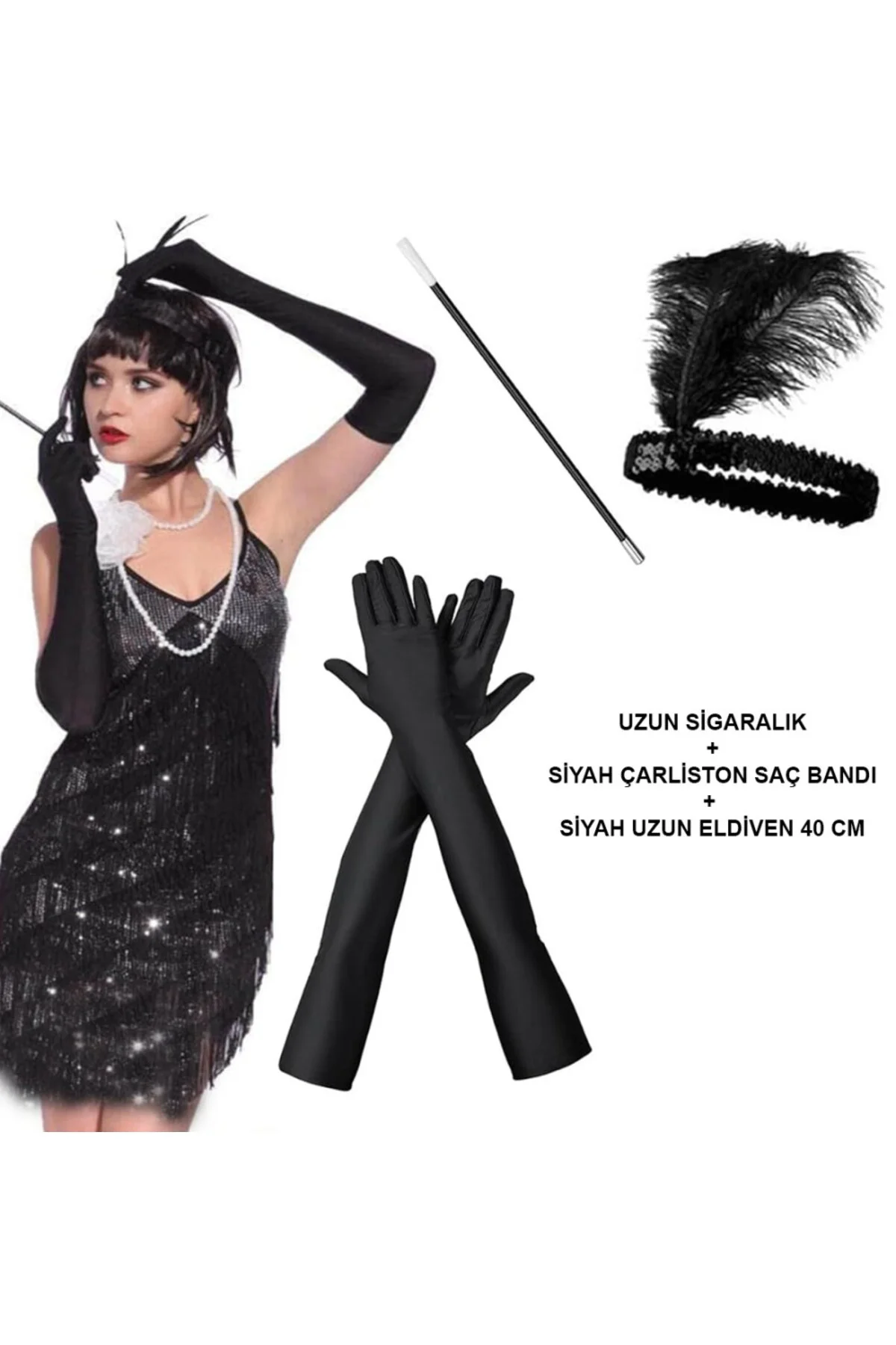 Gatsby Aksesuar Seti – Siyah Charleston Saç Bandı, Uzun Eldiven &amp; Sigaralık