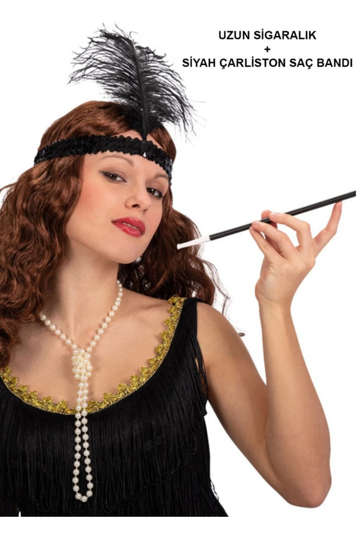 Gatsby Aksesuar Seti – Siyah Charleston Saç Bandı &amp; Sigaralık