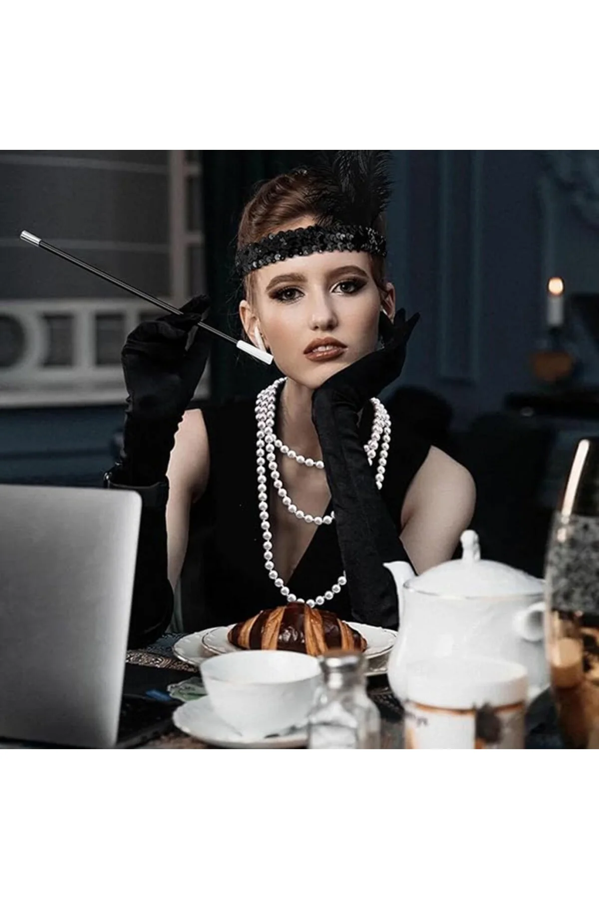 Gatsby Aksesuar Seti – Siyah Charleston Saç Bandı, Uzun Eldiven &amp; Sigaralık