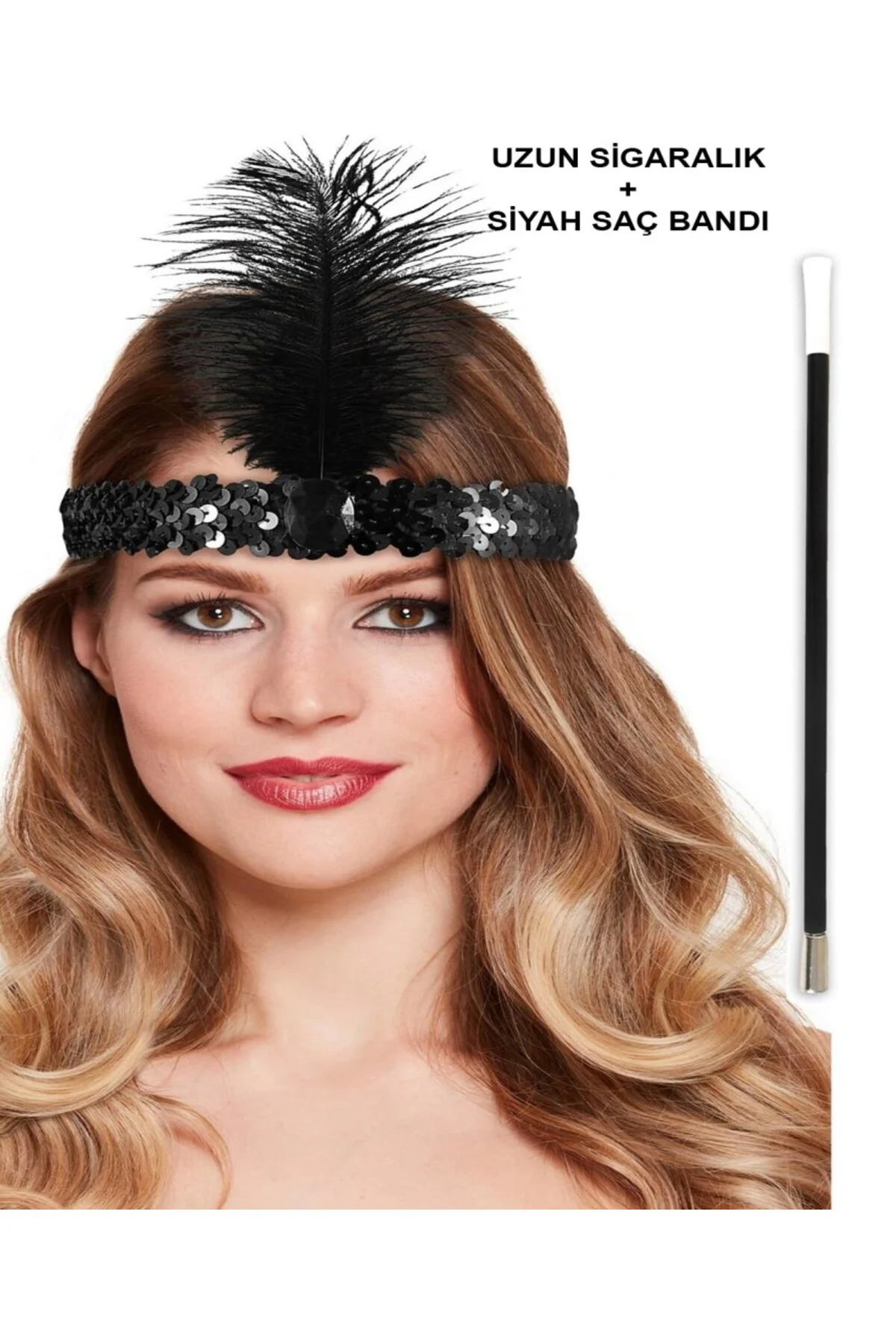 Gatsby Aksesuar Seti – Siyah Charleston Saç Bandı &amp; Sigaralık