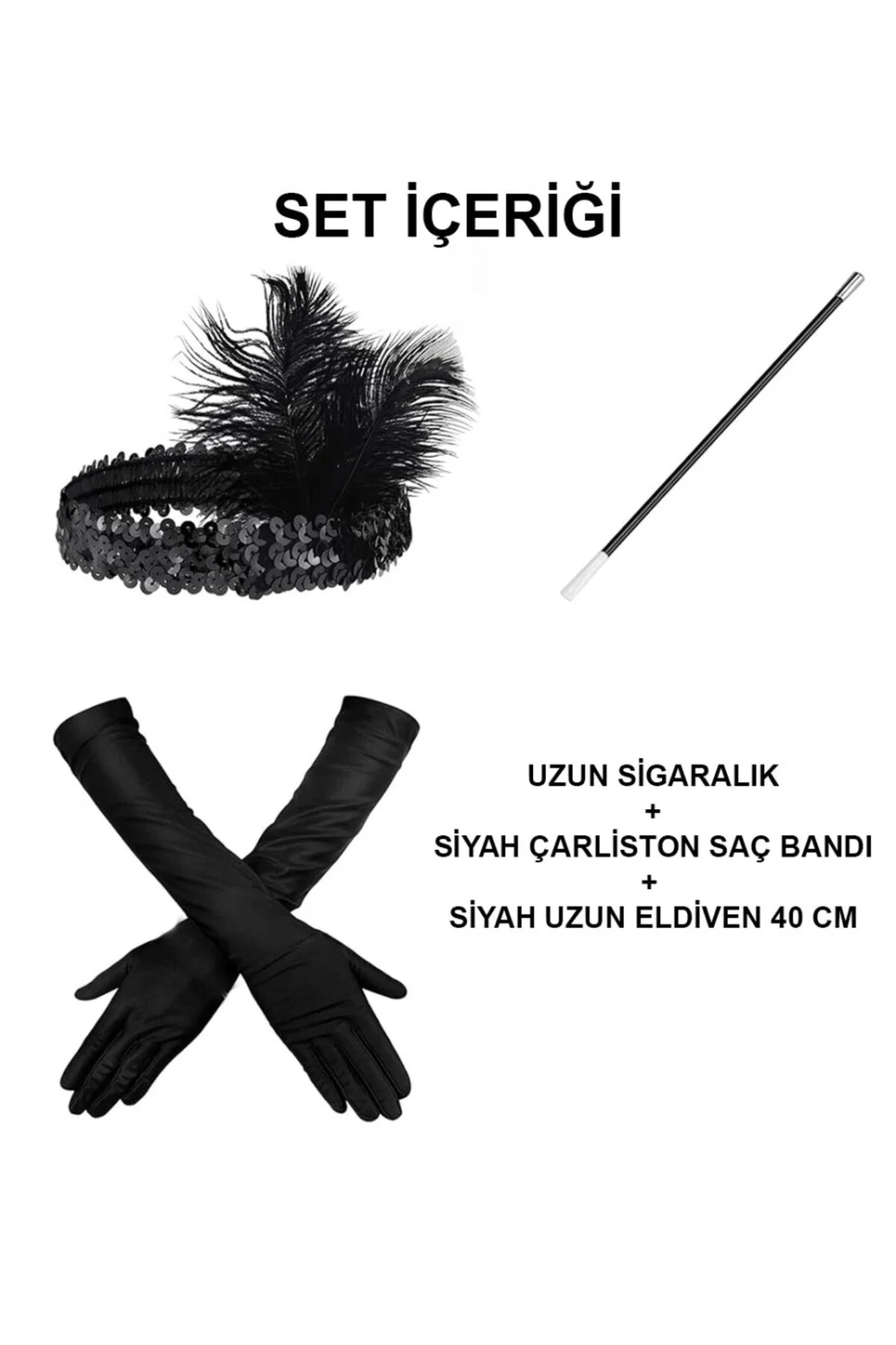 Gatsby Aksesuar Seti – Siyah Charleston Saç Bandı, Uzun Eldiven &amp; Sigaralık