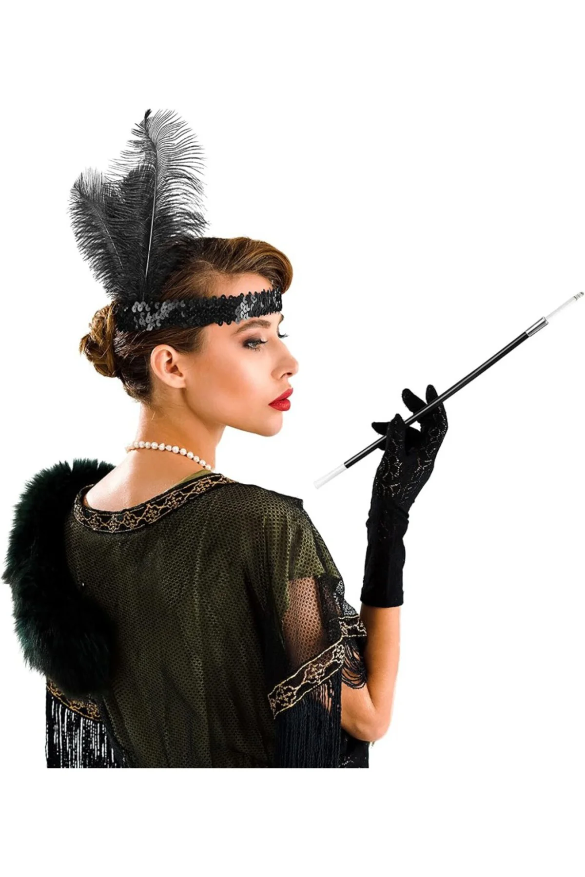 Gatsby Aksesuar Seti – Siyah Charleston Saç Bandı &amp; Sigaralık