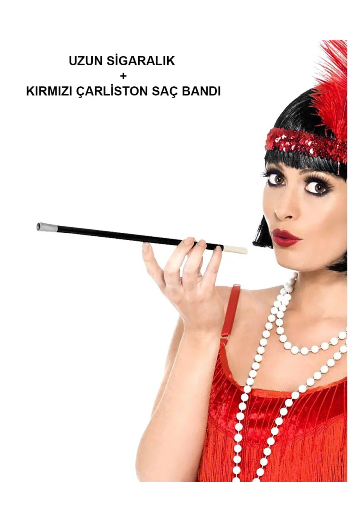 Gatsby Kadın Aksesuar Seti – Kırmızı Charleston Saç Bandı ve Sigaralık