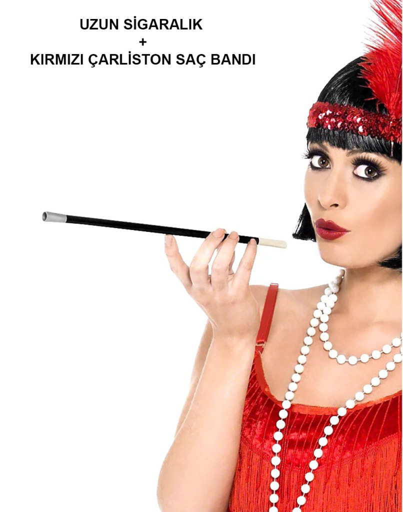 Gatsby Kadın Aksesuar Seti – Kırmızı Charleston Saç Bandı ve Siga