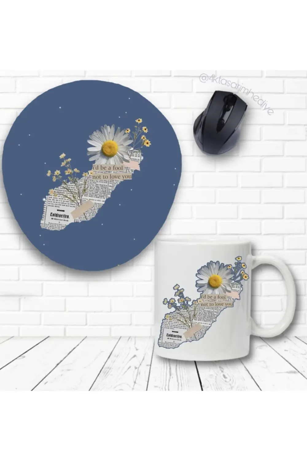 Gazete Papatya Baskılı Kupa Bardak Ve Bilek Destekli Mouse Pad Se