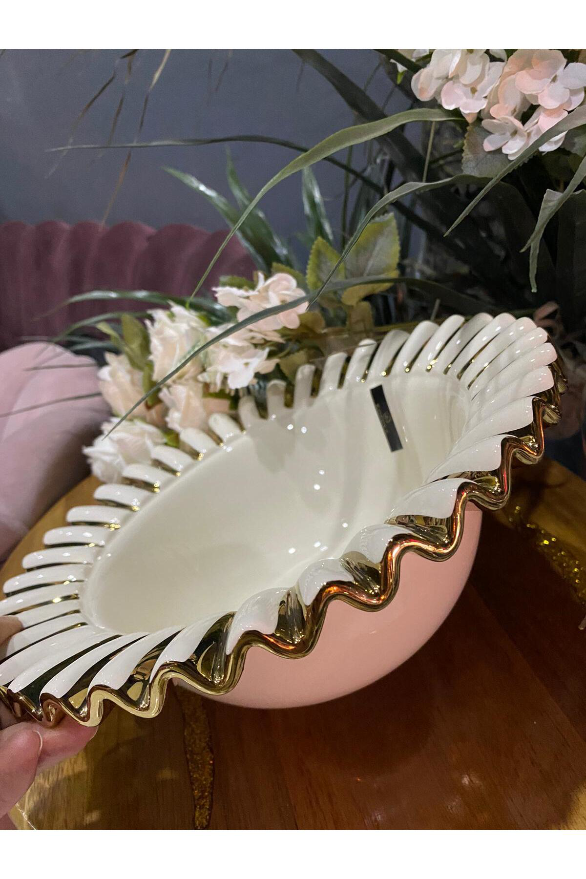 Elif Aksesuar Gebo Porselen Gold Detaylı Yuvarlak Çukur Büyük Servis Kasesi (28