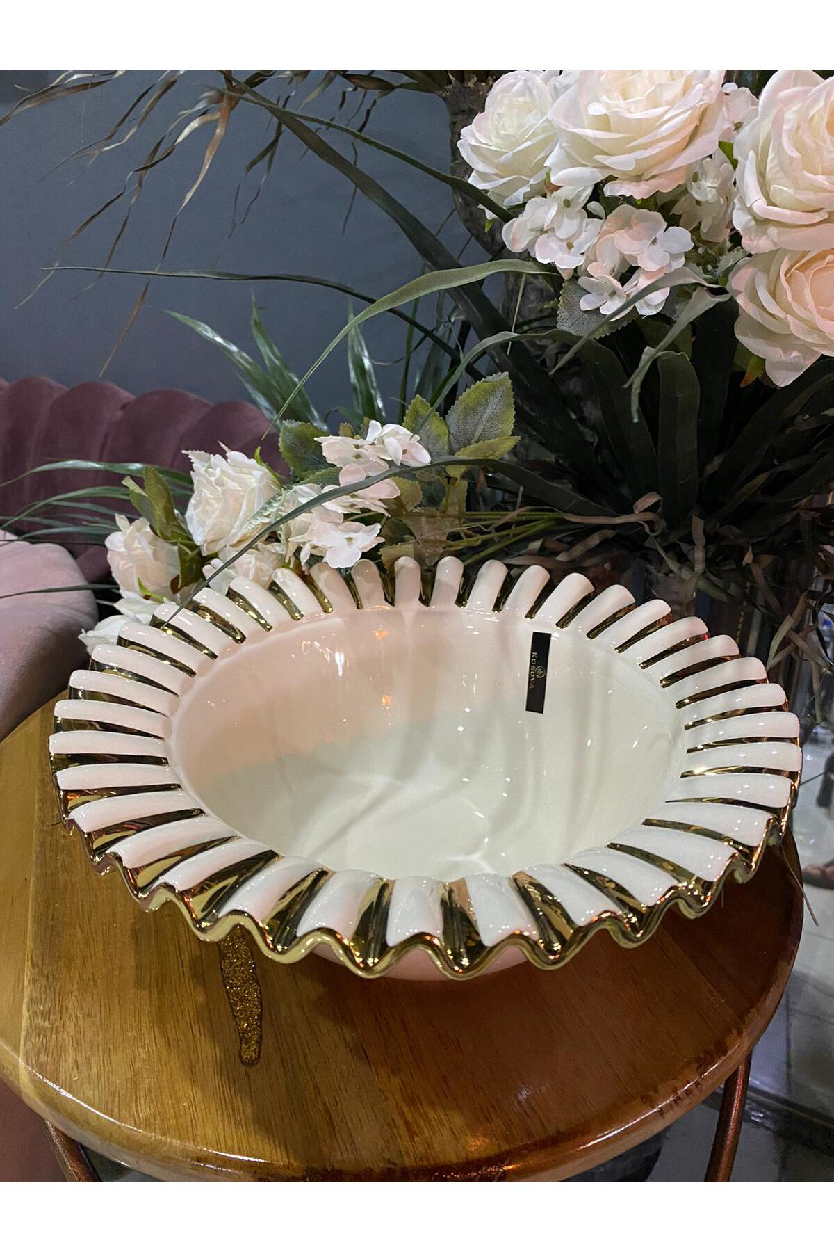 Elif Aksesuar Gebo Porselen Gold Detaylı Yuvarlak Çukur Büyük Servis Kasesi (28