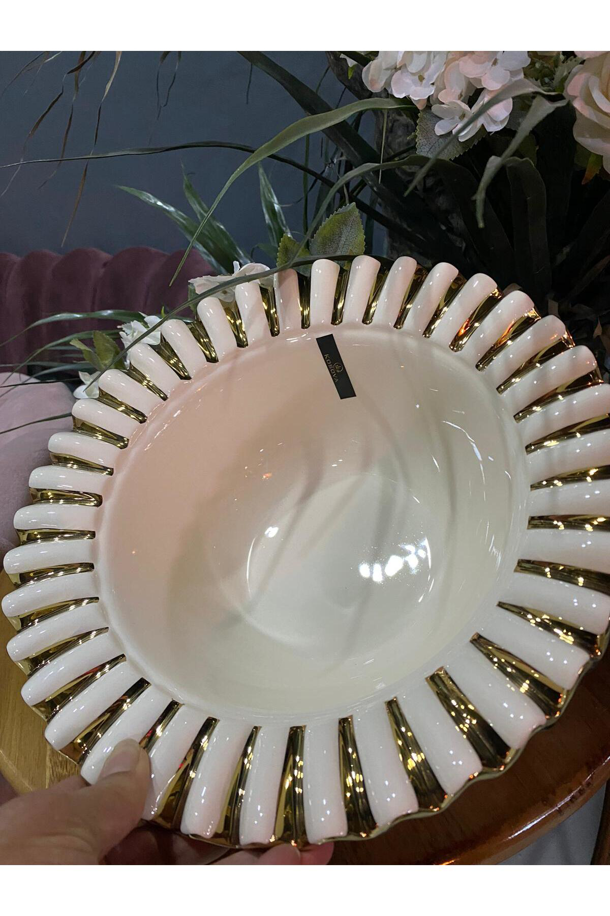 Elif Aksesuar Gebo Porselen Gold Detaylı Yuvarlak Çukur Büyük Servis Kasesi (28