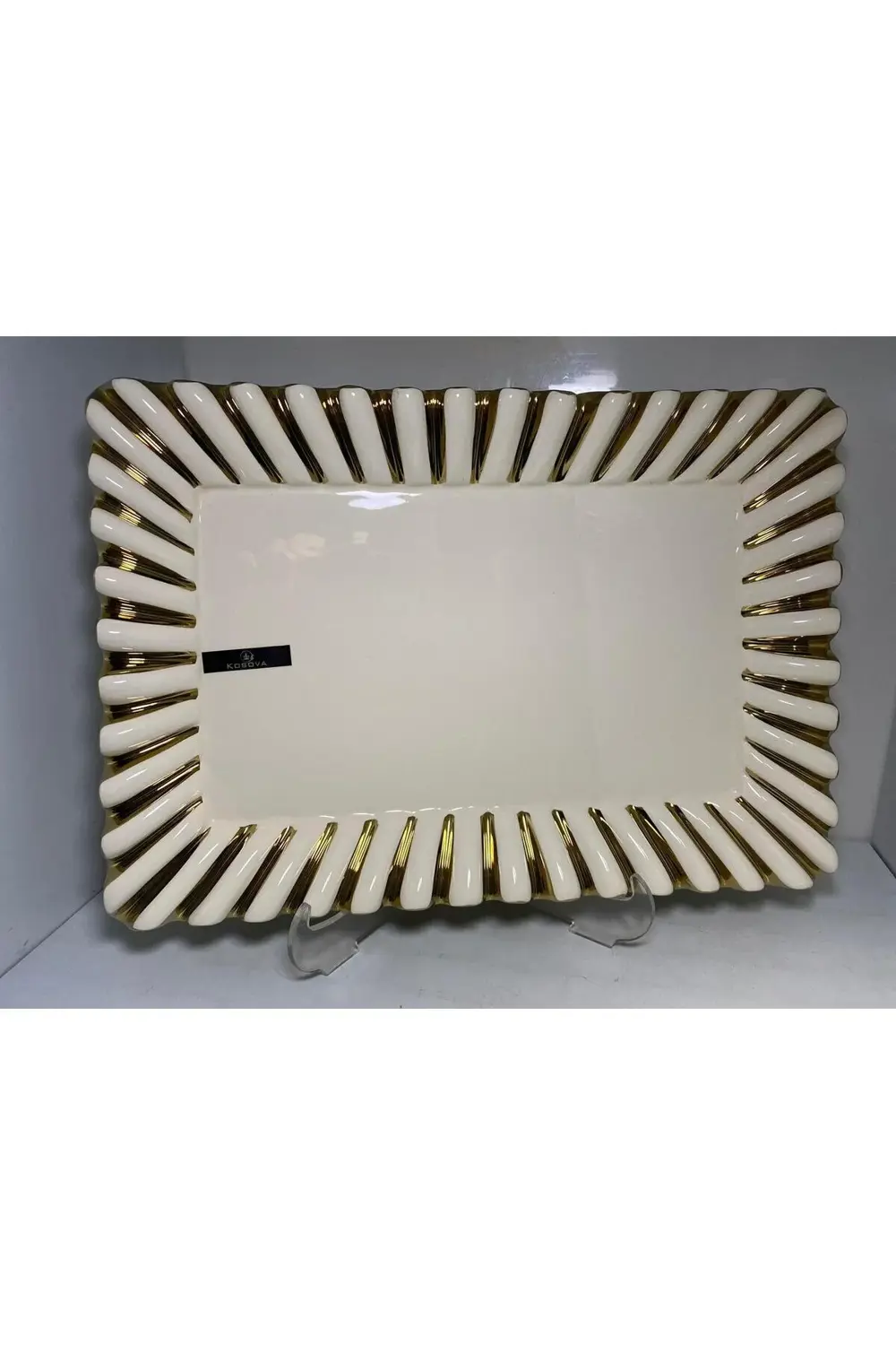 Gebo Porselen Gold Detaylı Dikdörtgen Servis Sunum Tabağı (34*23,