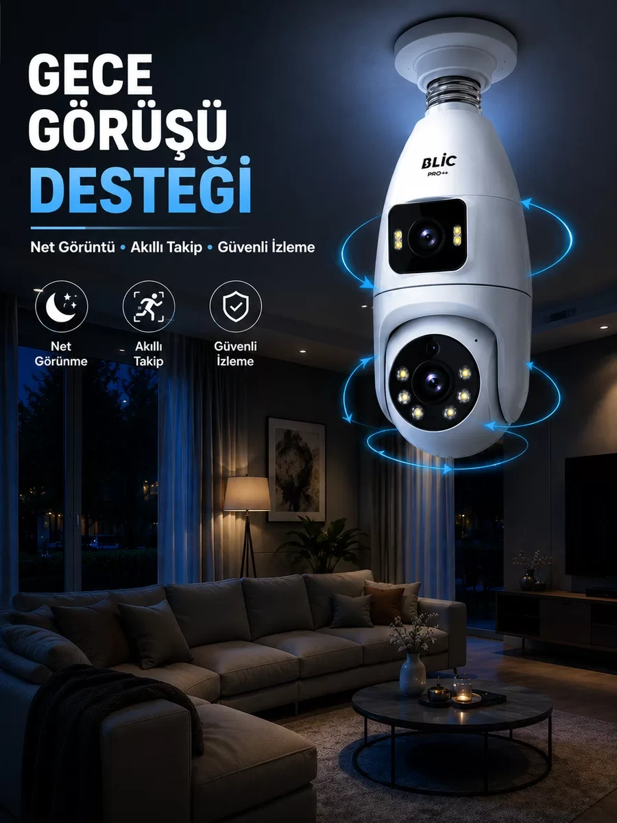Gece Görüşlü Çift Lens Wi-Fi Ampul Kamera Mobil Takip Destekli Fiyatı, Yorumları ve Özellikleri