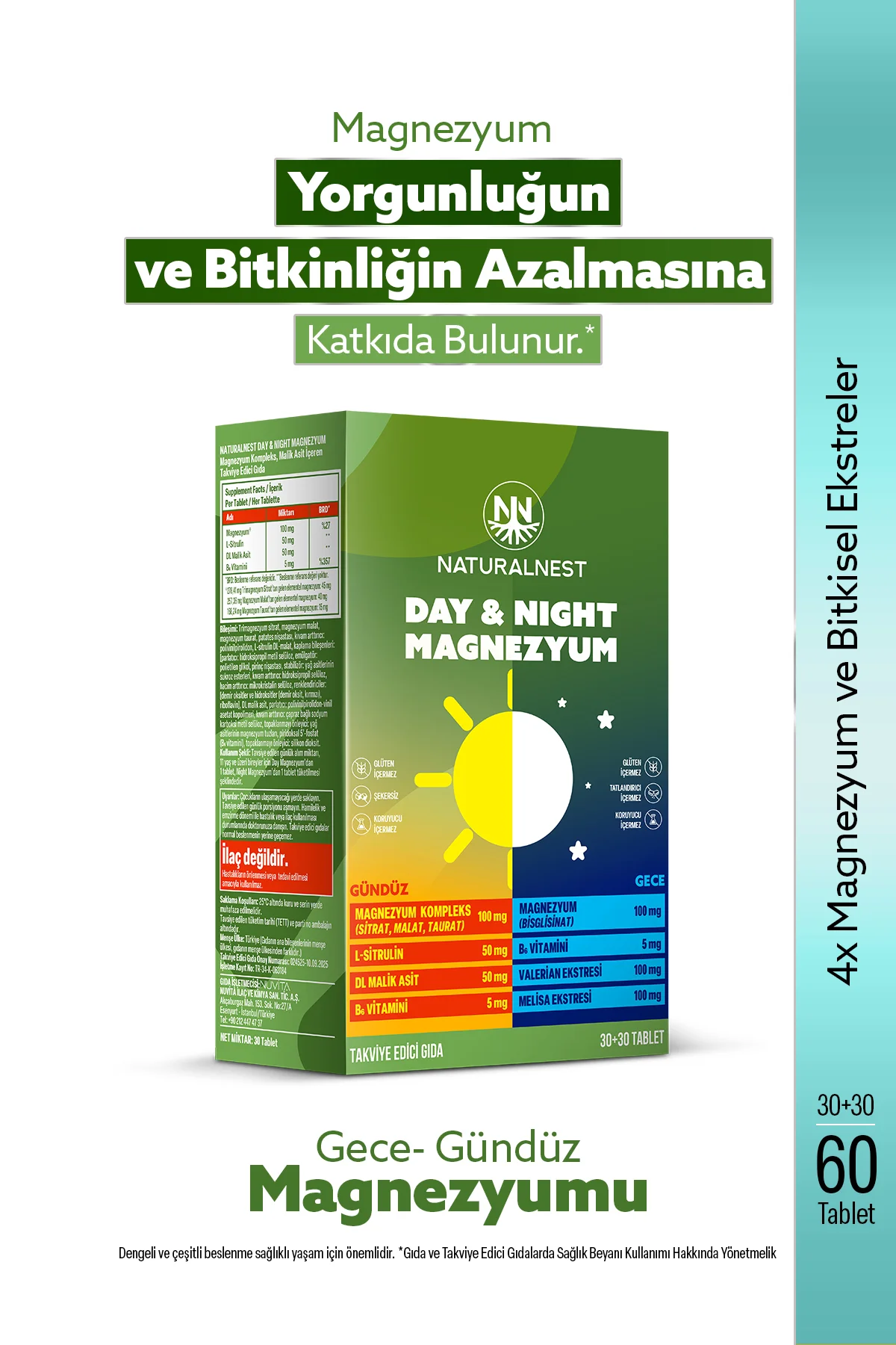 Gece Gündüz Magnezyum Kompleks-Sitrat-Malat-Taurat-Bisglisinat-Malik Asit-Valerian-B6 Vitamin 30+30