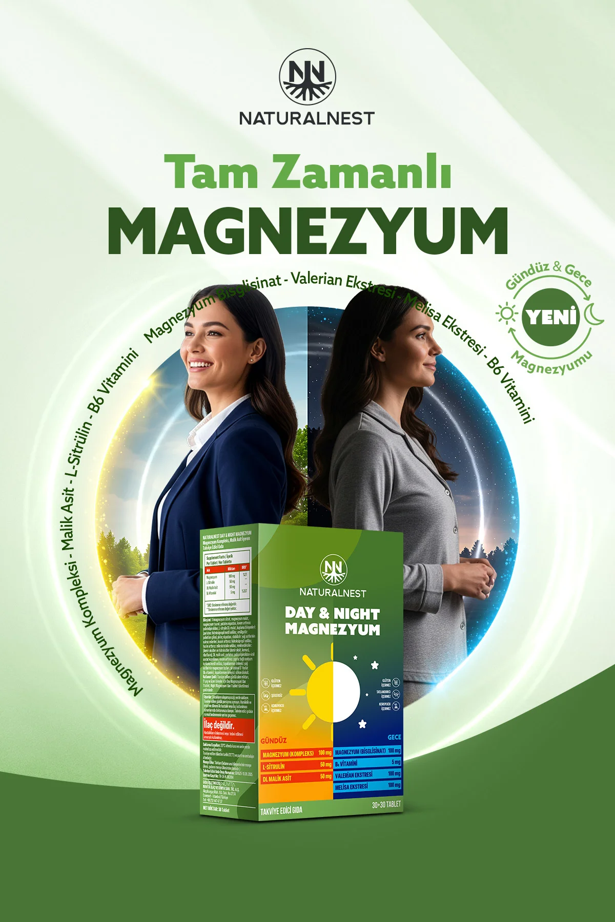 Gece Gündüz Magnezyum Kompleks-Sitrat-Malat-Taurat-Bisglisinat-Malik Asit-Valerian-B6 Vitamin 30+30