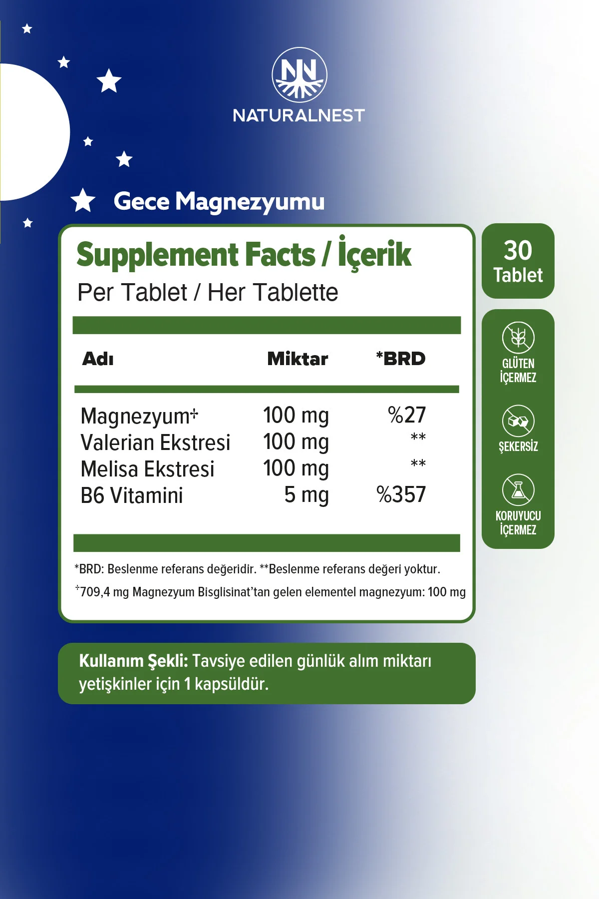 Gece Gündüz Magnezyum Kompleks-Sitrat-Malat-Taurat-Bisglisinat-Malik Asit-Valerian-B6 Vitamin 30+30
