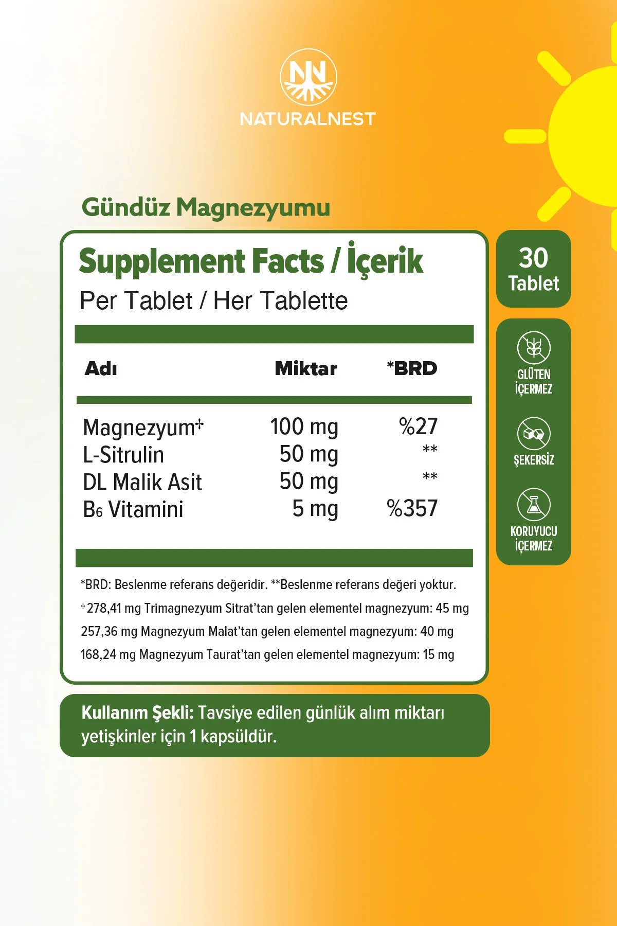 Gece Gündüz Magnezyum Kompleks-Sitrat-Malat-Taurat-Bisglisinat-Malik Asit-Valerian-B6 Vitamin 30+30