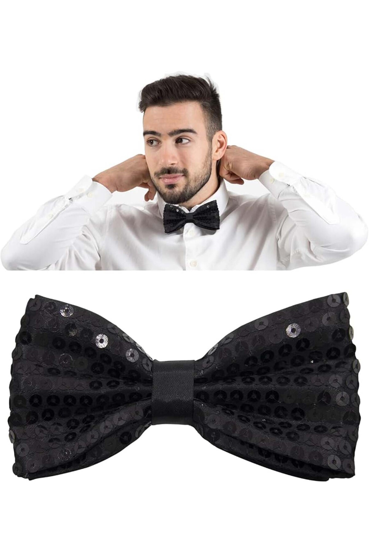 Ok Aksesuar Gece İşıltısı Siyah Payetli Pullu Papyon 7X2 Cm (5060)