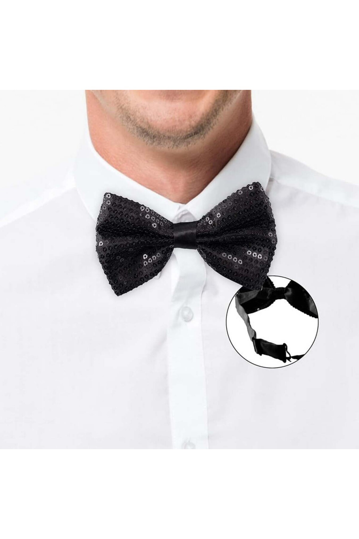 Ok Aksesuar Gece İşıltısı Siyah Payetli Pullu Papyon 7X2 Cm (5060)