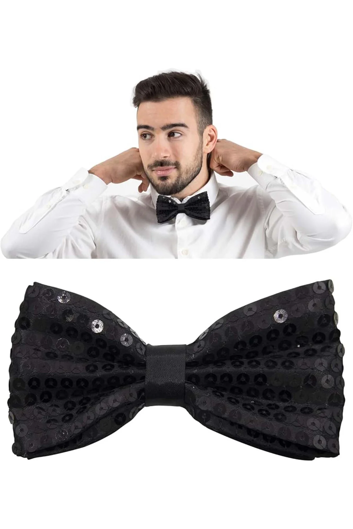 Gece Işıltısı Siyah Payetli Pullu Papyon 7x2 cm (5060)