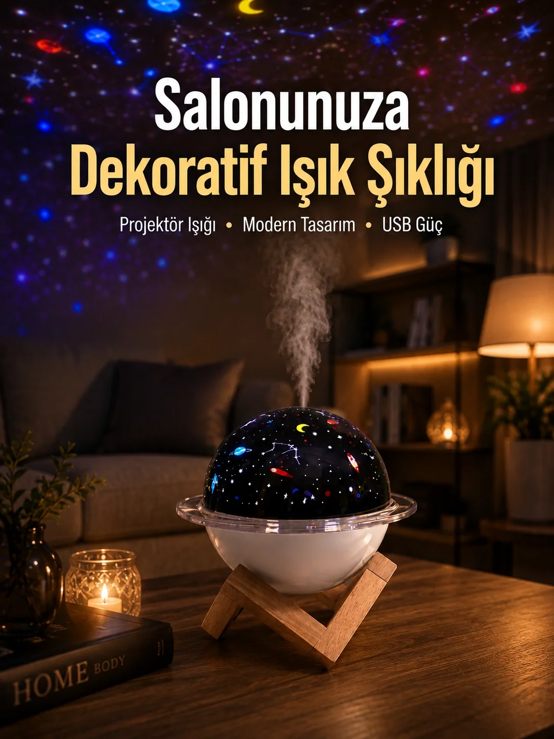 Gece lambası özellikli taşınabilir nemlendirici ve aromaterapi cihazı USB girişli