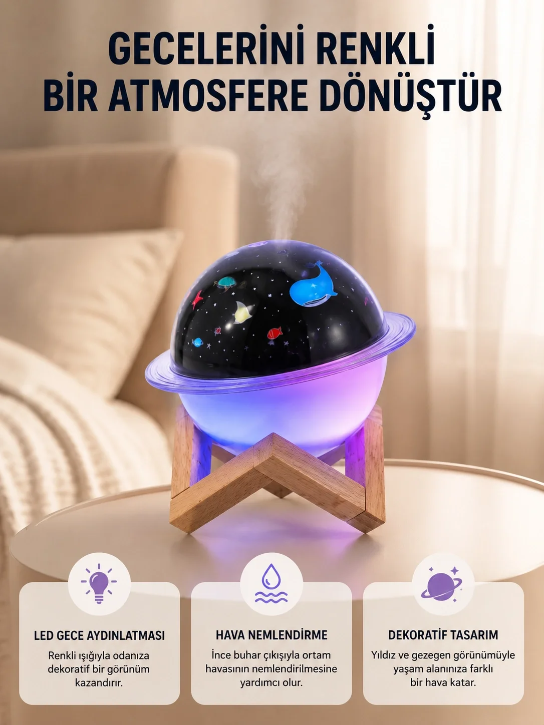Gece lambası özellikli taşınabilir nemlendirici ve aromaterapi cihazı USB girişli Fiyatı, Yorumları ve Özellikleri