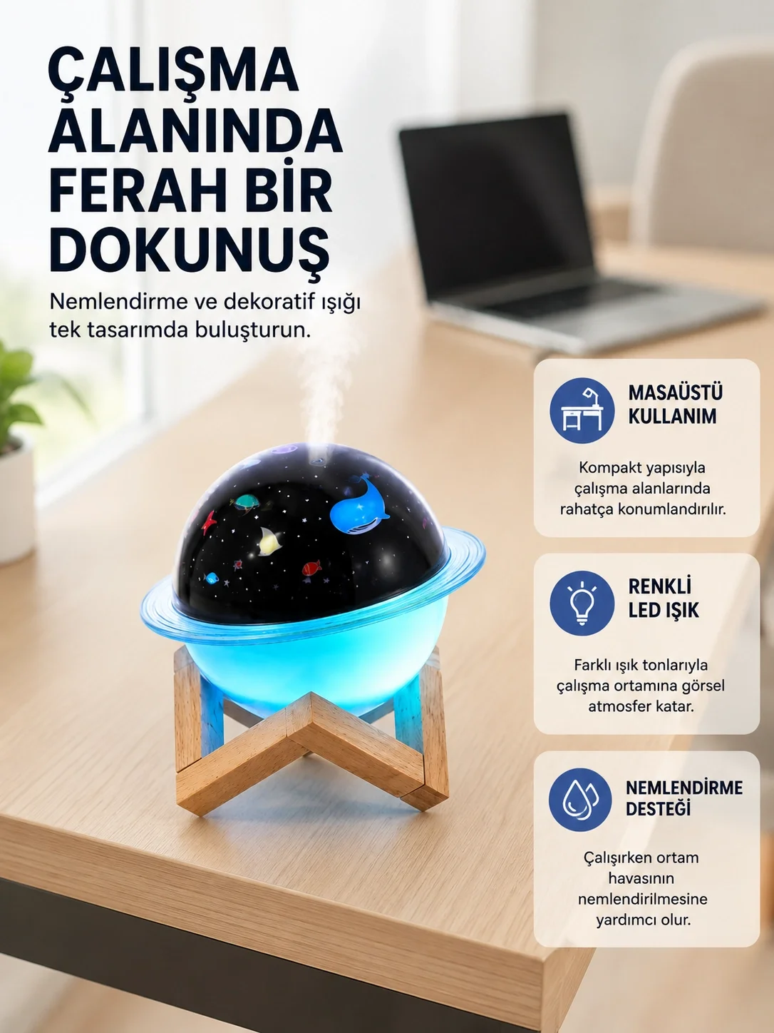 Gece lambası özellikli taşınabilir nemlendirici ve aromaterapi cihazı USB girişli Gece lambası özellikli taşınabilir nemlendirici ve aromaterapi cihazı USB girişli