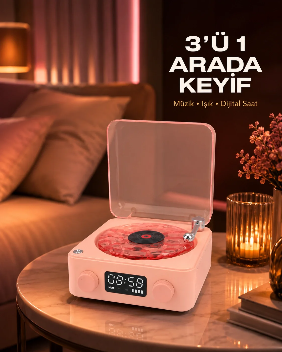 Gece Lambası Stereo Bluetooth Hoparlör Dijital Saat Su Dalgası Efektli 3-ü-1 Cihaz