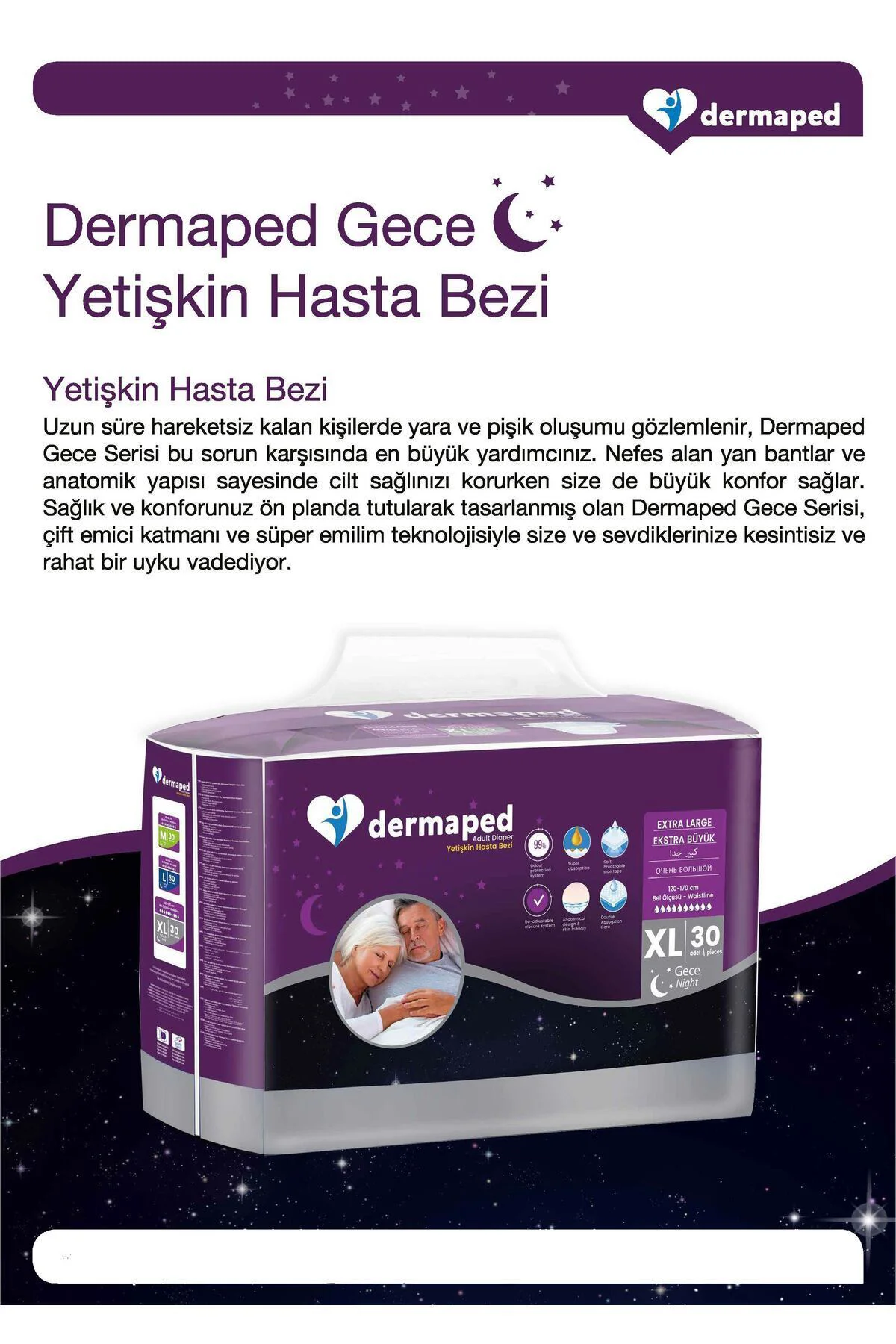 Gece MEDİUM 85-125 cm 30'lu Bel bantlı Yetişkin Hasta Bezi