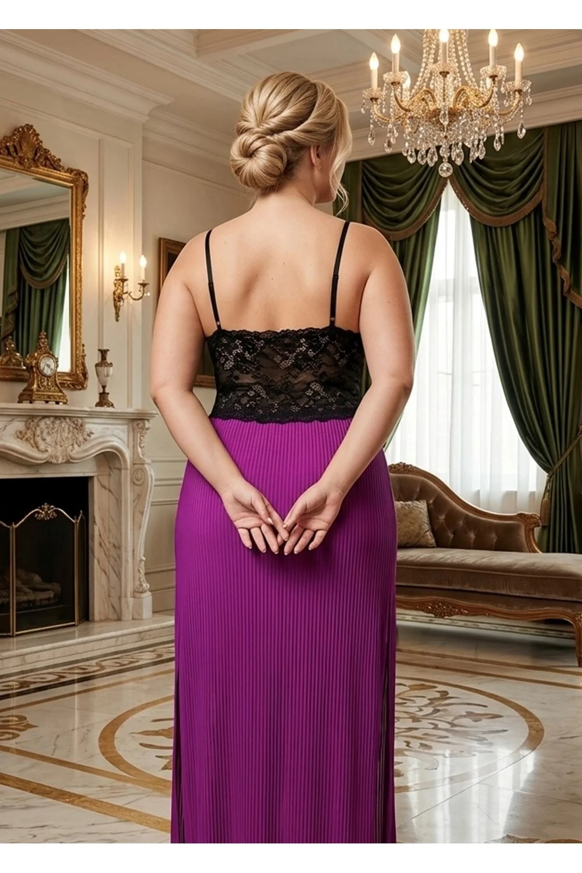 #Gecelik Şık Lüks Dantelli Modern Plus Size Orkide Serisi Büyük Beden Mürdüm Çift Yırtmaçlı Gecelik